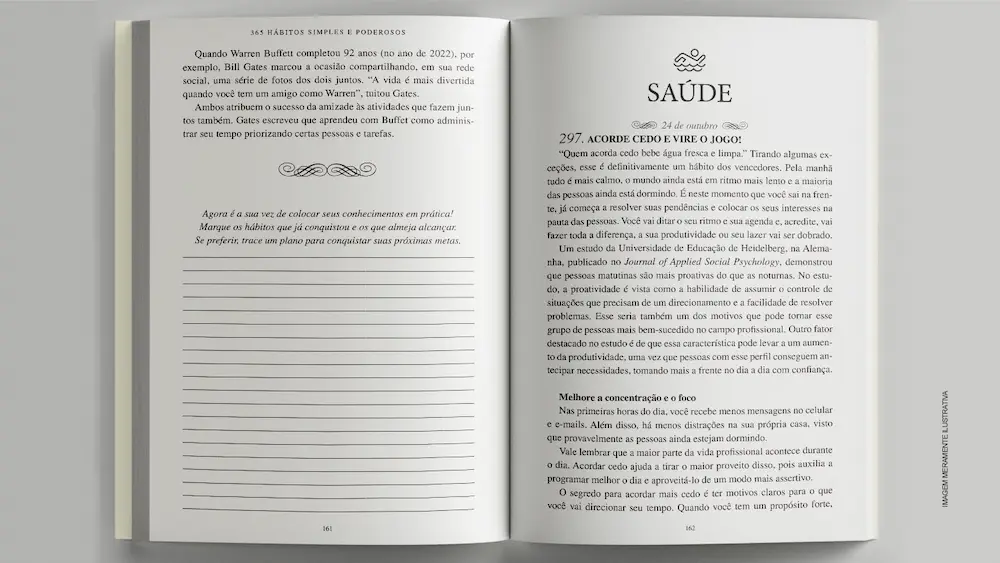 Livro 365 Hábitos Simples e Poderosos aberto, mostrando o espaço com linhas para marcar os hábitos ao fim do capítulo e a página de um hábito do capítulo Saúde